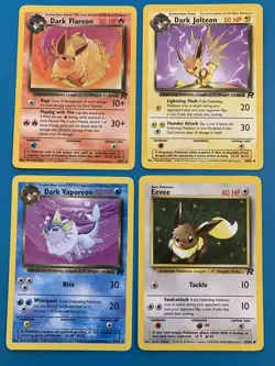 Dark Jolteon 38 Vaporeon 45 Flareon 35 & Eevee 55/82 Team Rocket Pokemon Cards - Image 1