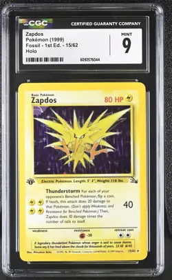 CGC 9 MINT Zapdos 1999 Fossil 1st Edition 15/62 Holo Pokemon Card - Image 1
