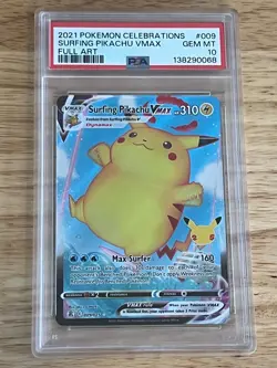 2021 POKEMON CELEBRATIONS #009 FULL ART SURFING PIKACHU VMAX PSA 10 GEM MINT - Image 1