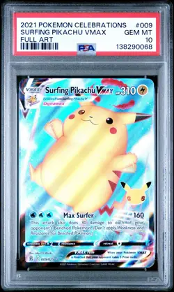 2021 POKEMON CELEBRATIONS #009 FULL ART SURFING PIKACHU VMAX PSA 10 GEM MINT - Image 3