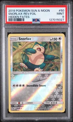 2019 POKEMON SUN & MOON HIDDEN FATES #50 SNORLAX-REV.FOIL HIDDEN FATES - PSA 9 - Image 1