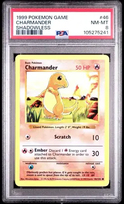 1999 POKEMON GAME #46 CHARMANDER SHADOWLESS PSA 8 - Image 1