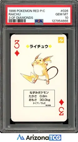 Pokemon 1996 Raichu #026 3 Of Diamonds Pokemon Red Playing Card Japanese PSA 10 - Image 1
