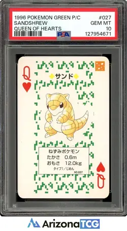 Pokemon 1996 Sandshrew #027 Queen Of Hearts Pokemon Green Playing Card PSA 10 - Image 1