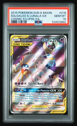 POKEMON SUN & MOON COSMIC ECLIPSE FULL ART SOLGALEO & LUNALA GX 216 PSA 10 - Image 1