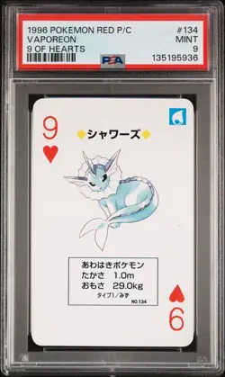 1996 POKEMON RED VERSION PLAYING CARDS 9 OF HEARTS VAPOREON PSA 9 - Image 1