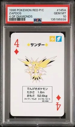 1996 Pokemon Red Version Playing Cards 4 of Diamonds #145A Zapdos PSA 10 - Image 1