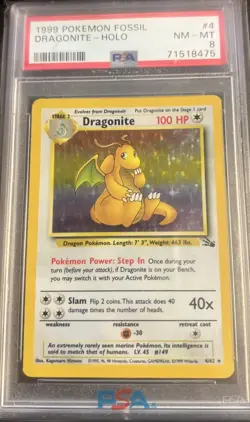 Pokemon 1999 WOTC Fossil Set Dragonite Holo Rare Card 4/62 PSA 8 - Image 1