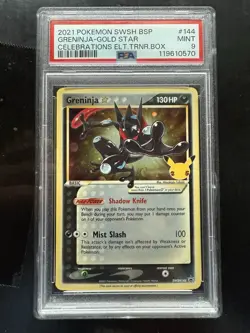 Pokemon Greninja Gold Star Celebrations ETB Black Star Holo Promo SWSH144 PSA 9 - Image 1