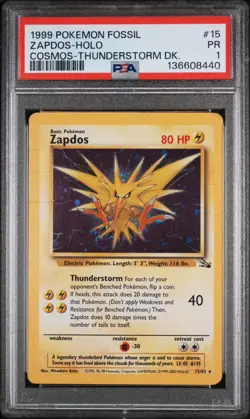 PSA 1 Zapdos 15/62 Fossil 1999 Cosmos Thunderstorm DK Holo Rare Pokemon Card - Image 1