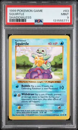 Pokemon TCG Squirtle 1999 Base Set Card 63/102 Regular Shadowless PSA 9 Mint - Image 1