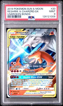 2019 POKEMON SUN & MOON UNBROKEN BONDS #20 RESHIRAM & CHARIZARD GX PSA 9 - Image 1