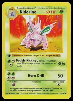 Pokemon Card - Nidorino Base Set (Shadowless) 37/102 Uncommon 1st Edition - Image 1