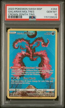2023 POKEMON SWSH BLACK STAR PROMO CROWN ZENITH TIN #284 GALARIAN MOLTRES PSA 10 - Image 1