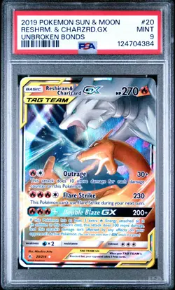 2019 POKEMON SUN & MOON UNBROKEN BONDS #20 RESHIRAM & CHARIZARD GX PSA 9 - Image 1