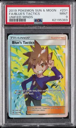 2019 POKEMON SUN & MOON UNIFIED MINDS #231 FULL ART/BLUE'S TACTICS PSA 9 - Image 1