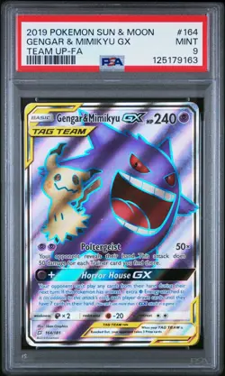 2019 POKEMON SUN & MOON TEAM UP #164 FULL ART/GENGAR & MIMIKYU GX PSA 9 - Image 1
