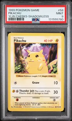 1999 Pokemon Base Set Shadowless Pikachu Yellow Cheeks #58 PSA 9 WOTC - Image 1