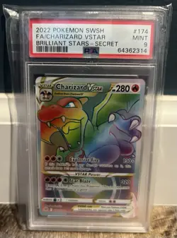 Pokemon TCG Charizard VSTAR Rainbow Secret Rare Card Brilliant Stars PSA 9 - Image 1