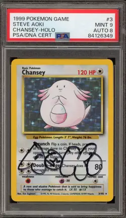 Pokemon Chansey Base Set Unlimited Holo Rare #3 Steve Aoki Auto 8 PSA 9 Mint - Image 1