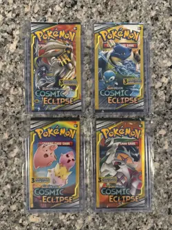 Pokemon Sun & Moon Cosmic Eclipse (4) 3-Card Booster Packs Art Set 2019 Sealed - Image 1