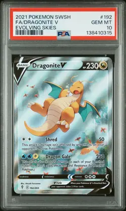 2021 Pokemon Sword & Shield Evolving Skies Dragonite V Fa Full Art PSA 10 #192 - Image 1