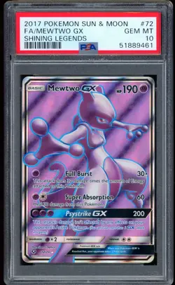2017 Pokemon Mewtwo GX Full Art Shining Legends #72 PSA 10 GEM MINT - Image 1