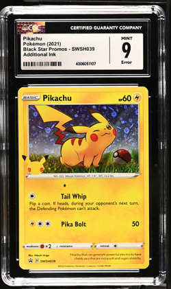 2021 Pokemon Sword & Shield Promos Pikachu SWSH039 CGC 9 Mint Ink Error - Image 1
