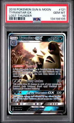 2018 POKEMON SUN & MOON LOST THUNDER #121 TYRANITAR GX PSA 10 - Image 1