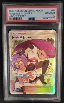 PSA 10 GEM MINT Jessie & James 68/68 Ultra Rare Hidden Fates Pokemon Graded Card - Image 1