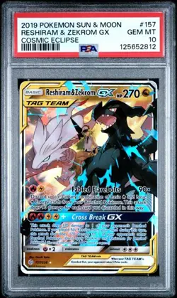 PSA 10 GEM MINT Reshiram & Zekrom GX Cosmic Eclipse Tag Team Pokemon 157/236 - Image 1
