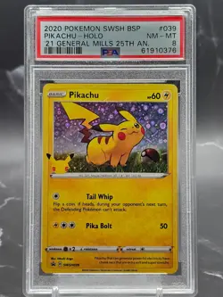 2020 Pokemon Pikachu Holo General Mills 25th PSA 8 SWSH039 Black Star Promo - Image 1