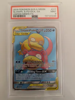 PSA 9 Slowpoke & Psyduck GX 217/236 Unified Minds Pokemon Card 2019 - Image 1
