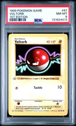 Base Set 1st Edition VOLTORB #67/102 PSA 8 Gray/Grey Stamp 1999 Pokemon Card - Image 1