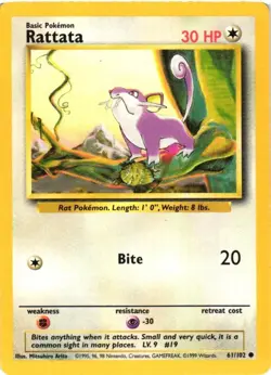 Rattata 61/102 Base Set Common 1999 Pokemon Game Card WOTC - Image 1