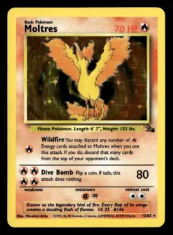 1999 Pokemon Fossil Moltres Holo Rare 12/62 UX1709 - Image 1