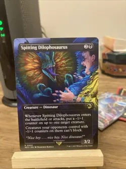 Spitting Dilophosaurus Borderless Card, Jurassic World MTG, Near Mint Condition - Image 1
