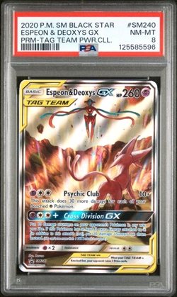 Pokemon TCG Espeon & Deoxys GX SM240 Black Star Promo Full Art Holo Card PSA 8 - Image 1