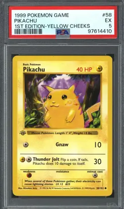 Pokemon Base Set 1st Edition Shadowless Pikachu Yellow Cheeks 58/102 PSA 5 - Image 1