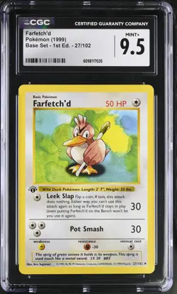 CGC 9.5 Farfetch'd 1999 Base Set 1st Edition Shadowless 27/102 Pokemon Card - Image 1