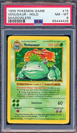 VENUSAUR SHADOWLESS HOLO #15 1999 POKEMON PSA 8 NM-MT - Image 1