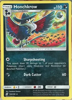 Honchkrow Rare - 130/236 - Unified Minds Pokemon 2019 - Image 1