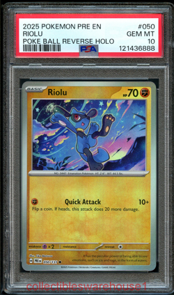 Pokemon Prismatic Evolutions Riolu Poke Ball Reverse Holo 050 PSA 10 - Image 1