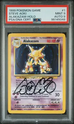 PSA 9 Alakazam 1 • 1999 Pokemon Base Set Holo • STEVE AOKI AUTOGRAPHED /AUTO 9 - Image 1