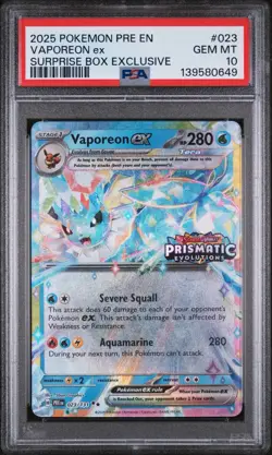 Pokemon 2025 Vaporeon ex 023 Surprise Box Exclusive Prismatic Evolutions PSA 10 - Image 1