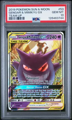 2019 POKEMON SUN & MOON TEAM UP #53 GENGAR & MIMIKYU GX PSA 10 - Image 1