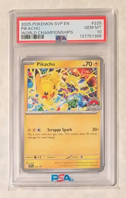 2025 POKEMON SVP EN-SV BLACK STAR PROMO WORLD CHAMPIONSHIPS #225 PIKACHU PSA 10 - Image 1