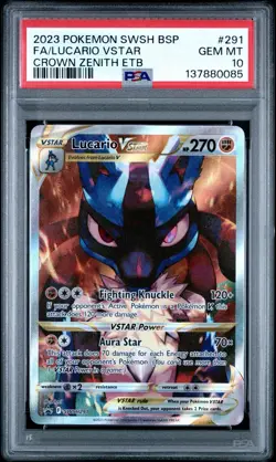 2023 Pokemon SWSH 291 Lucario VStar Crown Zenith ETB Black Star Promo PSA 10 Gem - Image 1