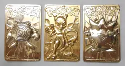 LOT OF 3: Vtg 1999 Pokemon Gold Bar Cards POLIWHIRL, MEWTWO, TOGEPI Plated Metal - Image 1