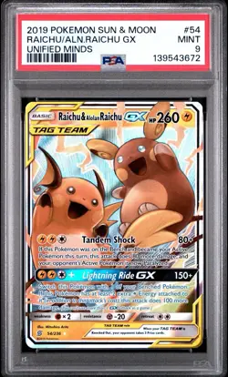 2019 Pokemon Sun & Moon Unified Minds #54 Raichu Alolan Raichu GX Holo PSA 9 - Image 1